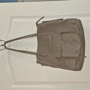 Kooba Tote Womens Taupe Leather Everette Shoulder Bag Pockets Zip Closure